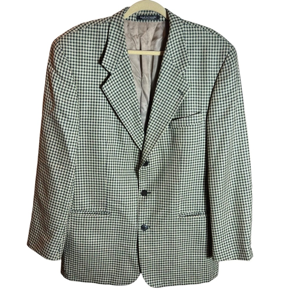 Vintage Bachrach Men’s Blazer - Green & Cream Check Pattern - Silk/Wool, 42T